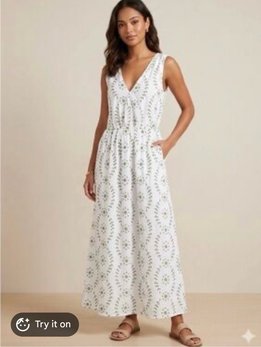 Women’s White V-Neck Maxi Dress with Green Print